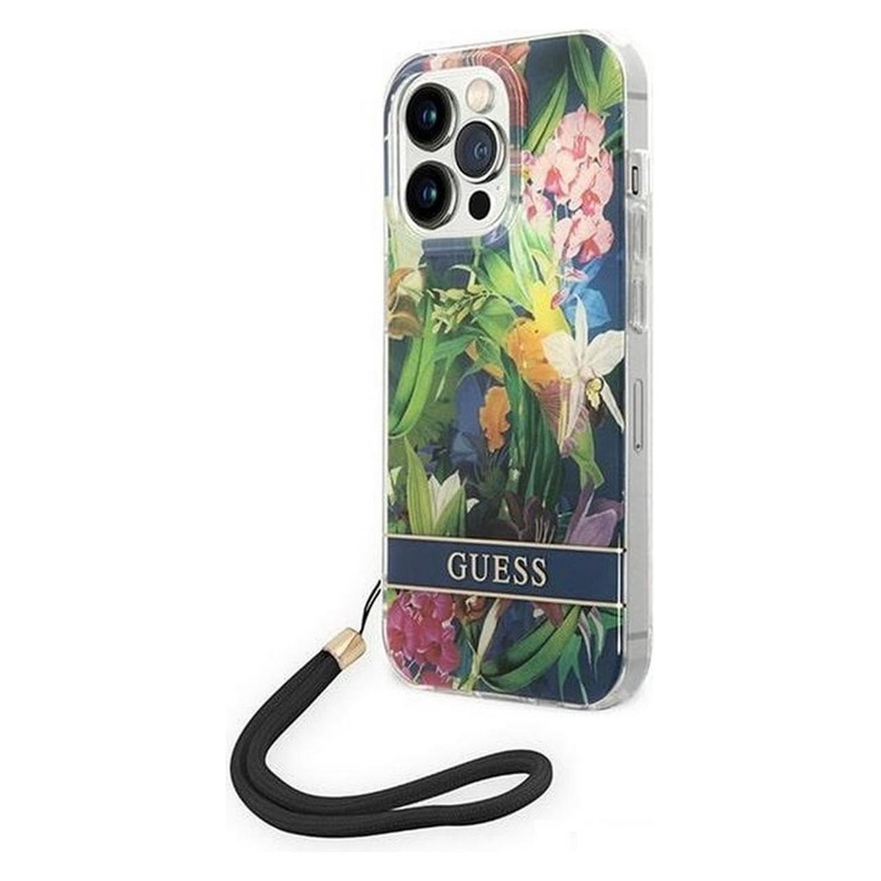 Guess GUOHCP14XHFLSB IPhone 14 Pro Max 6, 7" Niebieski/blue Hardcase Flower Strap (Apple IPhone 14 Pro Max), Smartphone Hülle, Blau