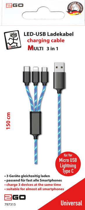 Immagine prodotto 2GO 797315 Cavo USB B USB C/Micro USB B/Lightning (1.50 m)