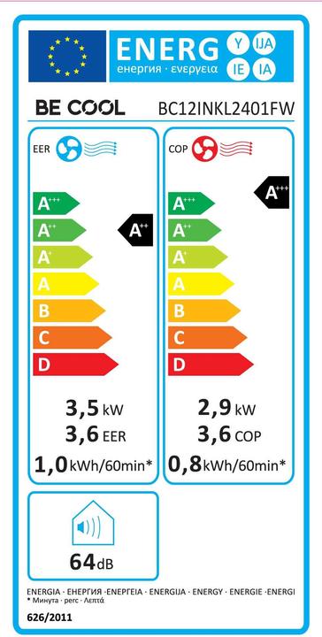Energie-Label Be Cool Energiesparendes Inverter-Klimagerät 12000BTU (42 m², 12000 BTU/h)