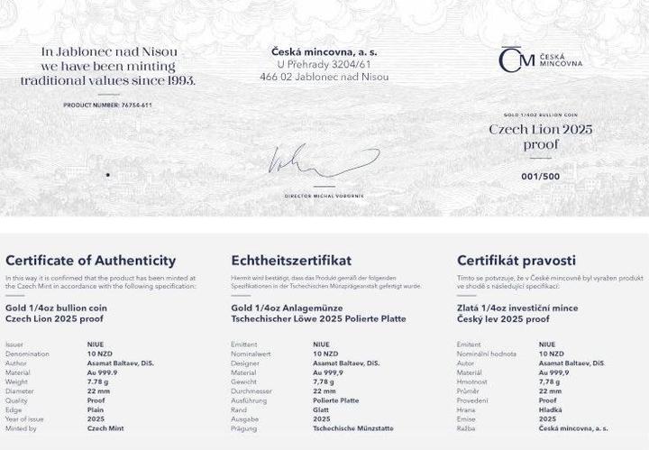 Produktbild Czech Mint Gold Tschechischer Löwe 1/4 oz - PP - 2025 (inkl. Etui und COA) (2025)
