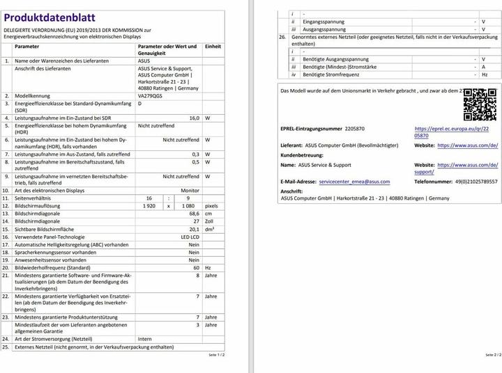 Valeurs nutritives et ingrédients ASUS Eye Care VA279QGS 68.6cm (16:9) FHD (1920 x 1080 pixels, 27")