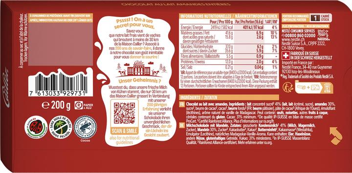 Nutritional values and ingredients Cailler Milk almonds (200 g)