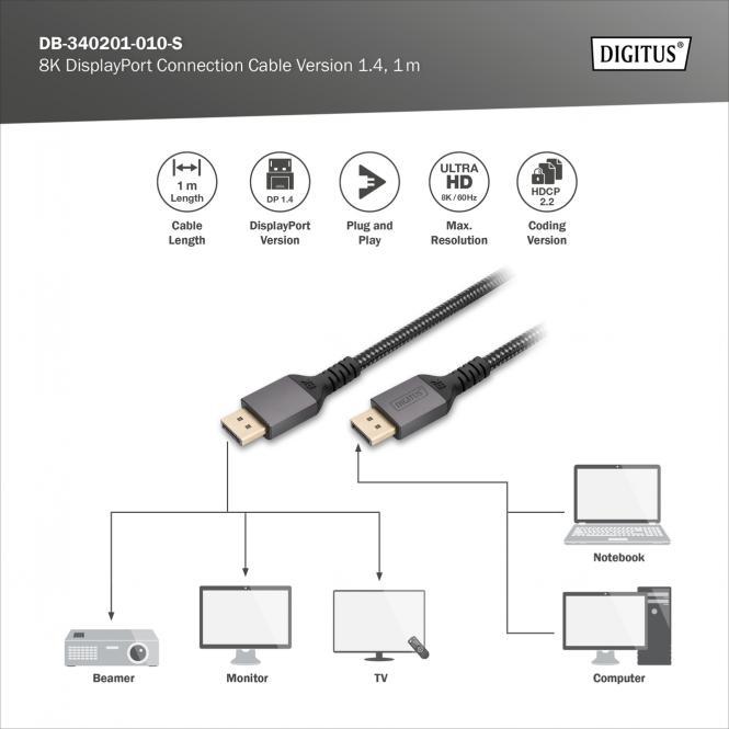 Produktbild Digitus 8K DisplayPort Anschlusskabel 1.4 Version (1 m, DisplayPort, 1.4)