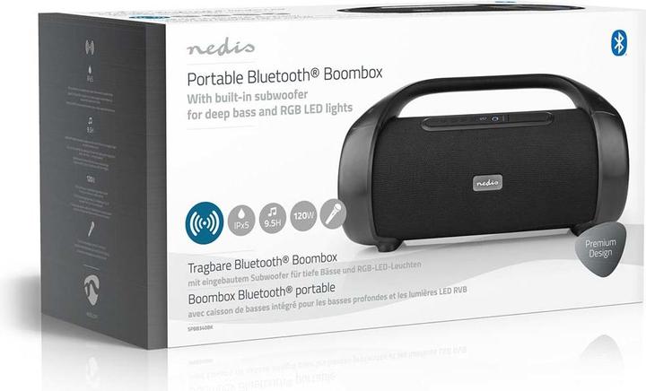 Produktbild Nedis Party Boombox 120W, 9,5h Akku/Bluetooth/ TWS/ RGB (9.50 h, Batteriebetrieb)