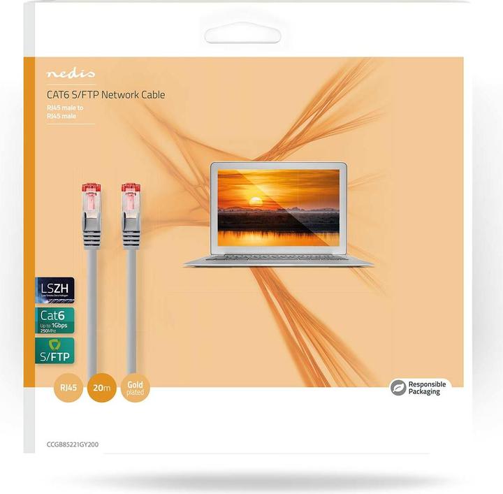 Actual product image Nedis CAT6 network cable | RJ45 plug | RJ45 plug | S/FTP | 20.0 m | Round | LSZH | Grey | Box (S/FTP, CAT6, 20 m)