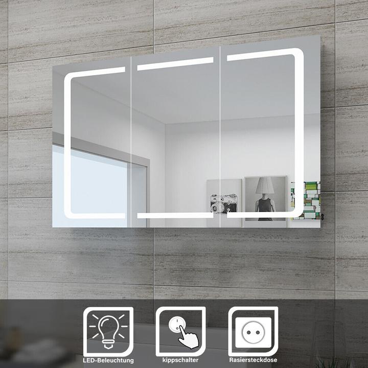 SONNI Leuchtspiegelschrank, 105 x 65 cm, Edelstahl, kabelloses Scharnierdesign, mit Steckdosen und T