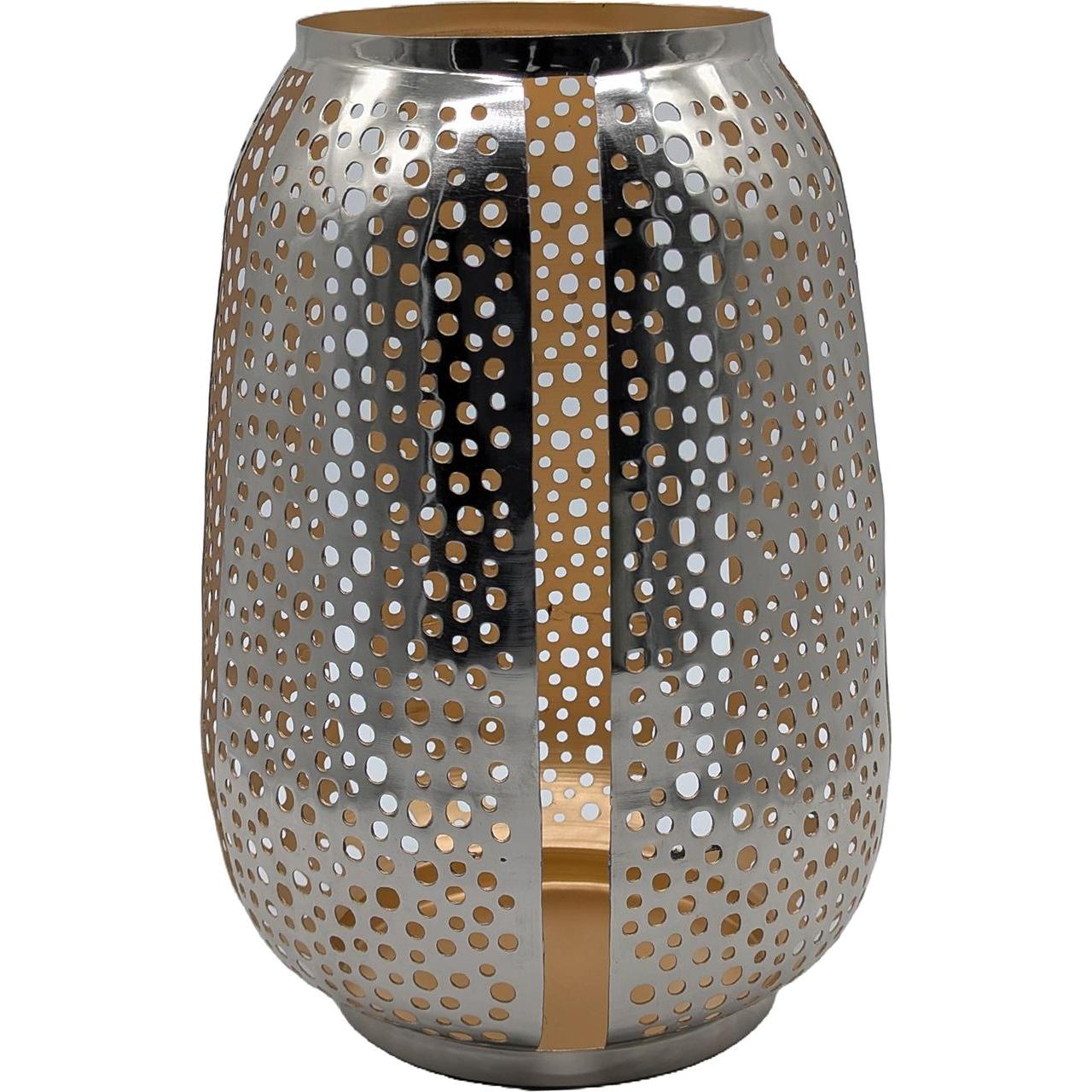 Lambert Schneider, Portacandele, Alva Windlicht durchlocht, Eisen aussen vernickelt/ innen gold H 31 cm, D 21 cm