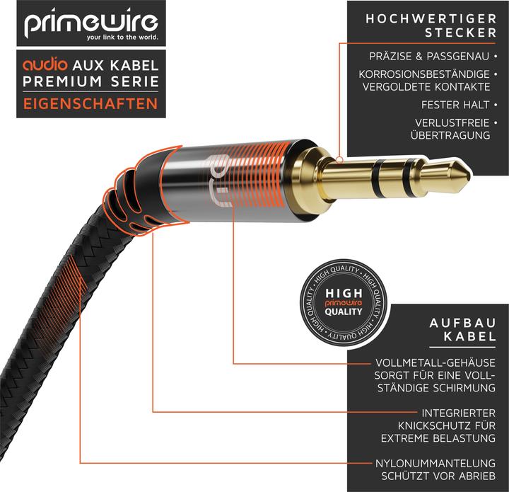 Actual product image Primewire AUX jack cable extension, audio connection cable, nylon sheathed coupling, jack to 3.5mm socket (7.50 m, 3.5mm jack (AUX))
