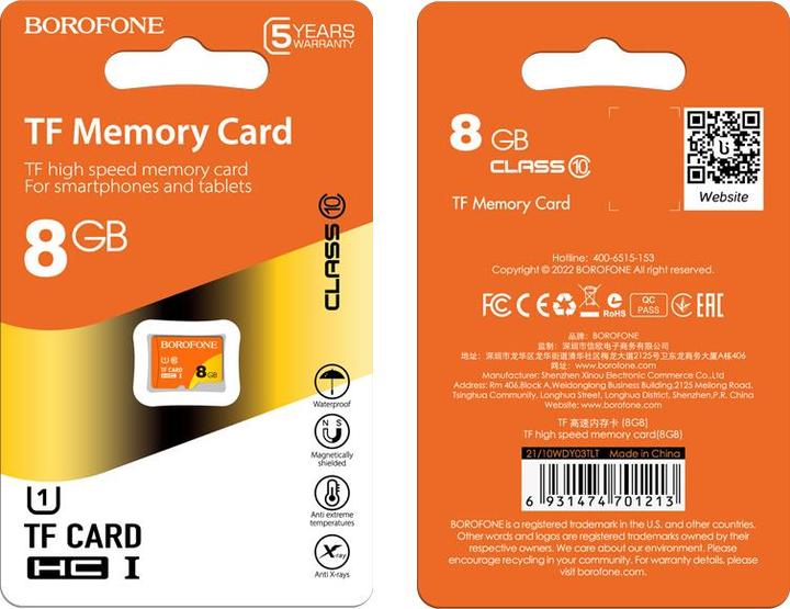 Actual product image Borofone MEMORY CARD 8GB SDHC CLASS10 75MB/S MICROSD (8 GB, microSD)