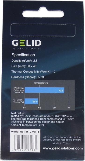 Actual product image Gelid GP-Extreme - 12 W/m-K - Gray - 80 mm - 40 mm - 0.5 mm (0.50 mm, 12 W/m K)