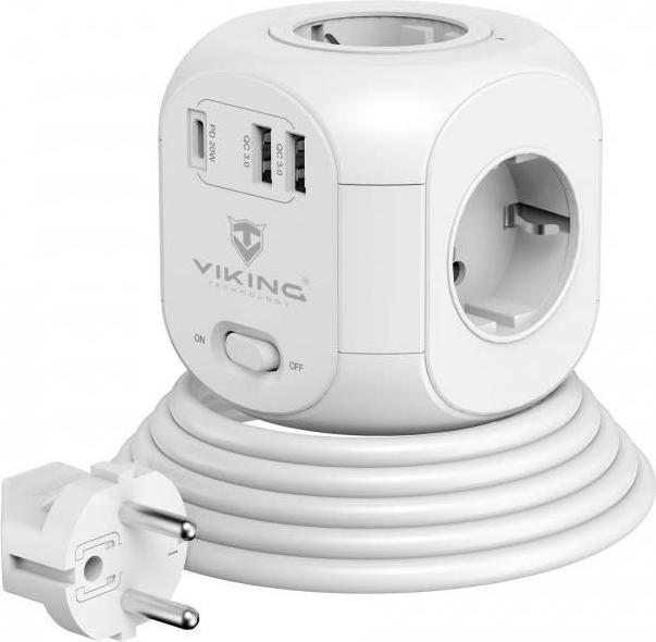 Produktbild Viking S????ov?? adapt??r AC Cube PD, rozbo??ova??, 7 v??stup?? (7x, CEE 7/3, CEE 7/5, USB-A, USB-C, 1.80 m)