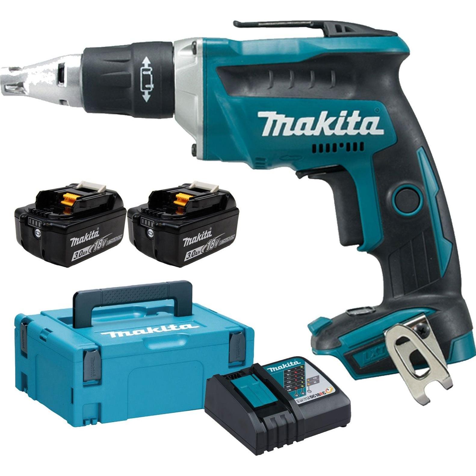 Makita, Trapano + Avvitatore a batteria, Avvitatore per cartoncino e GIPS 18V 2x3.0Ah LI-ION MAKPAC DFS451RFJ