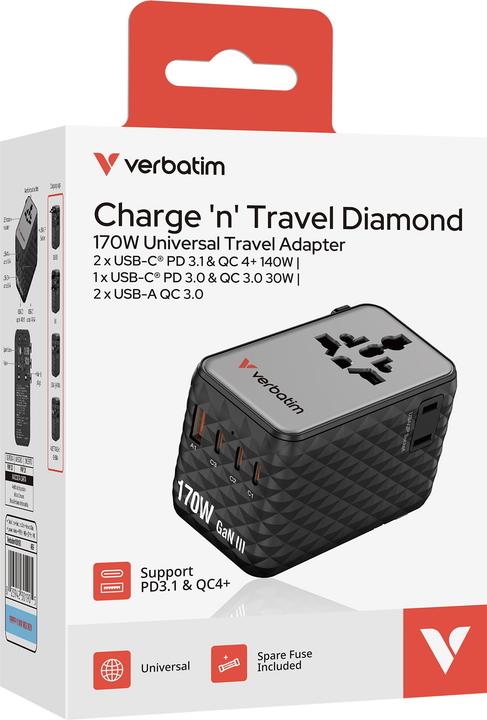 Actual product image Verbatim Charge 'N' Travel 170w Universal Travel Adapter Black