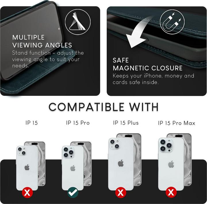 Produktbild Nalia Echt Leder Flip Case Hülle mit Magnetverschluss (Apple iPhone 15 Pro)