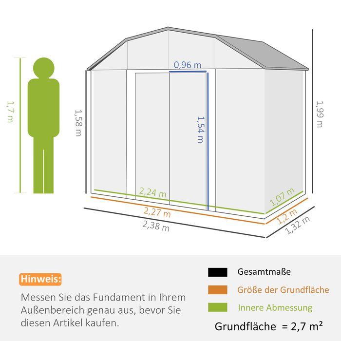 Actual product image Swisshandel24 Gerätehaus Stahl 2,7m² UV-Schutz 2 Schiebetüren Regal Fundament Dunkelgrau 238x132x198,5cm