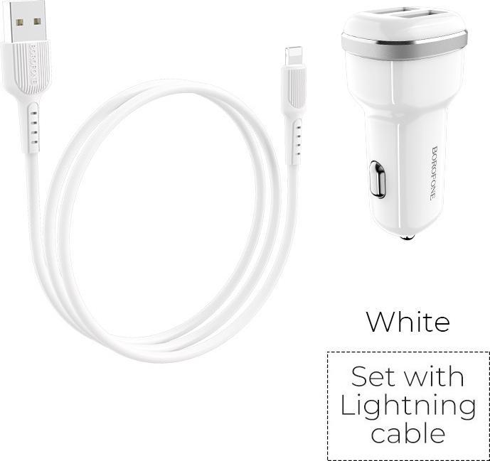Borofone Caricatore da auto 2x cavo USB Lightning incluso, bianco