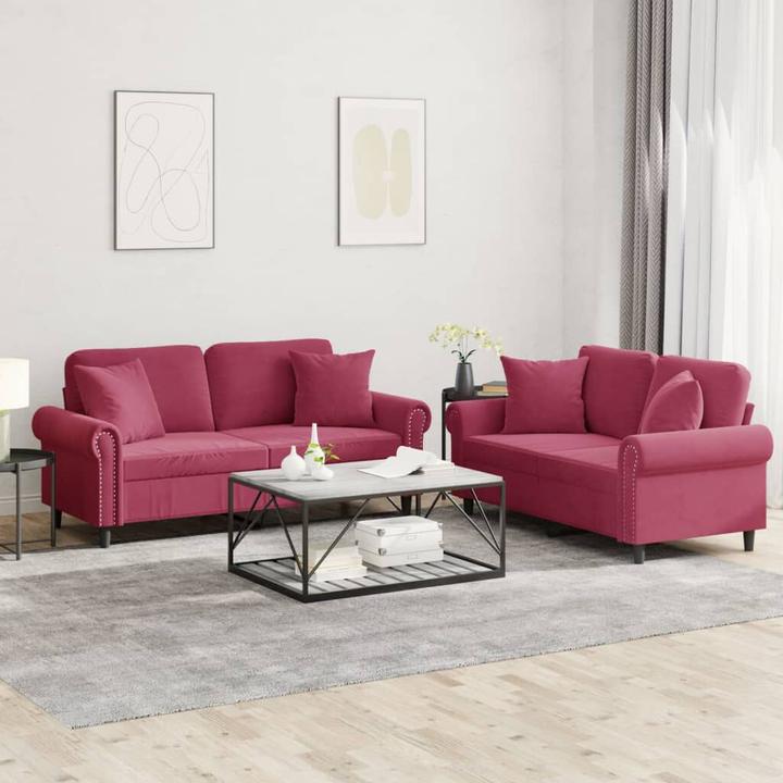 Produktbild vidaXL Sofagarnitur Kissen Sessel Sofa Couch Designsofa 2-tlg. Weinrot Samt (2-Sitzer)