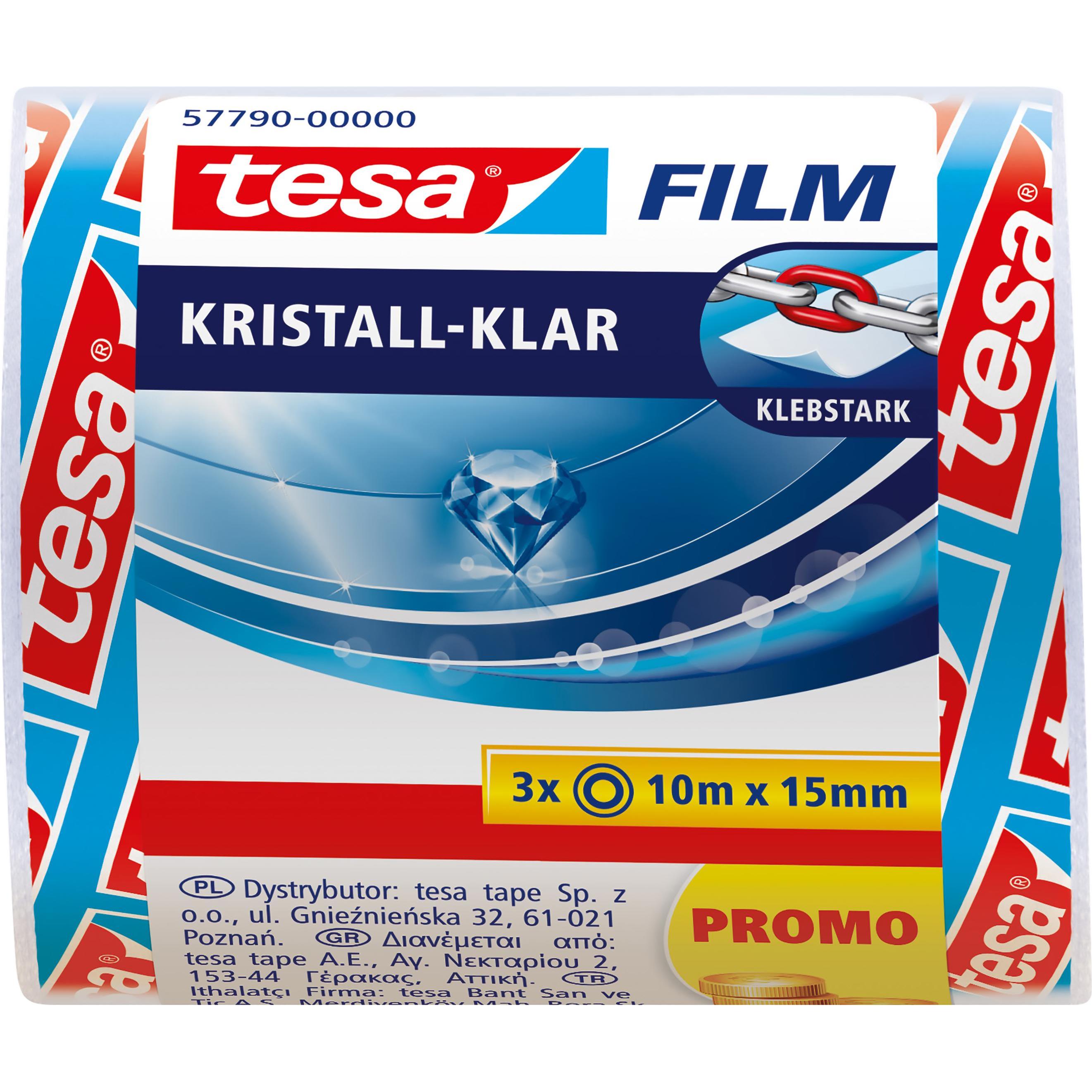 tesa, Klebeband, 3x tesafilm KRISTALL-KLAR, hochtransparent, alterungsbeständig, mit starker Haftung (15 mm)
