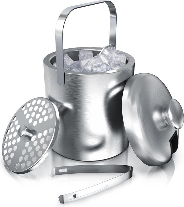 Arendo Eiseimer, Eiswürfelbehälter mit Deckel, Edelstahl, 1,3 Liter, doppelwandig, Eiszange und Sieb