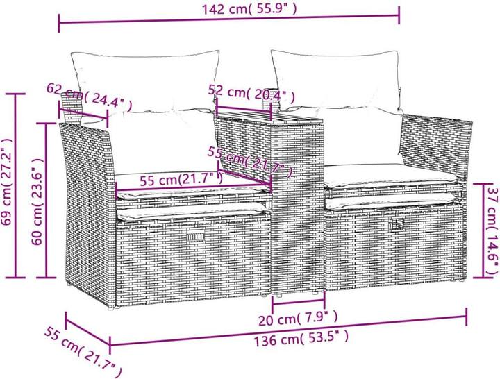 Produktbild vidaXL Gartensofa 2-Sitzer mit Hockern