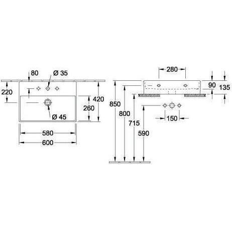 Thumbnail - Villeroy & Boch, Waschbecken, V&B Waschtisch MEMENTO 2.0 600x420mm m ÜL f 3-Loch-Armatur we C+ (420 mm, 600 mm)