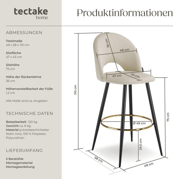 Actual product image tectake Bar stool Sachel with backrest, velvet look