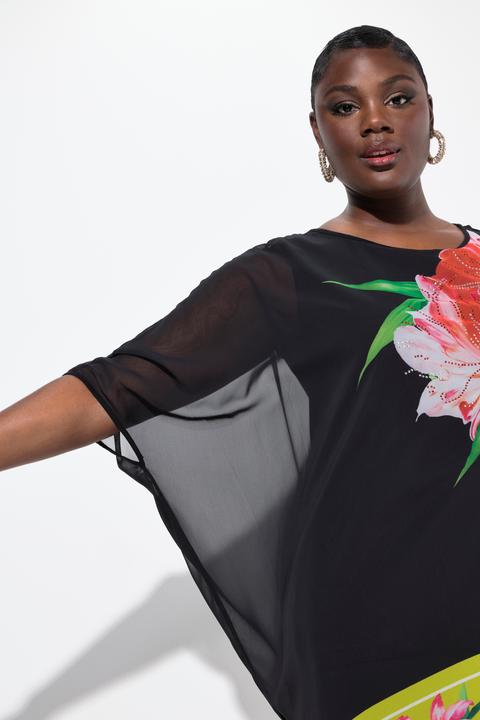 Immagine prodotto Ulla Popken Blusa di chiffon a doppio strato con fiori brillanti, scollo rotondo e maniche a 3/4 (54)