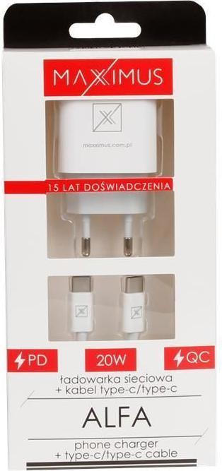 Image du produit Maxximus MX ALFA 20W PD+QC Wandladegerät, USB-A+C + Typ-C - Typ-C 20W PD-Kabel, Weiss (20 W, 2 ports)