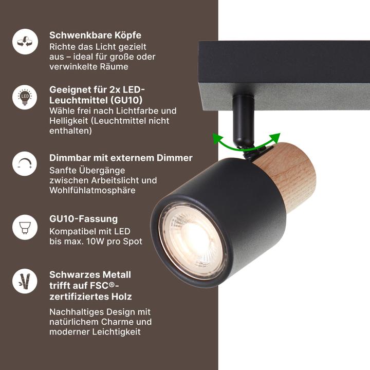 Image du produit Brilliant Spot de plafond Pini barre de spots, 2x GU10, 58 cm, orientable, métal/bois, noir/marron (GU10)