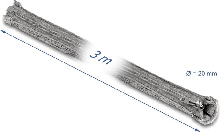 Produktbild Delock Geflechtschlauch mit Reissverschluss hitzebeständig 3 m x 20 mm grau (Kabelschlauch, 300 cm)