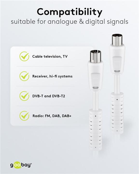 Image du produit Goobay câble de raccordement d'antenne, 100% blindé, ferrite, blanc, 10 m (80 dB, Câble d'antenne)