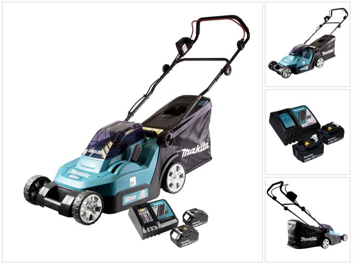 Actual product image Makita DLM 432 RM2 battery lawn mower 36 V ( 2x 18 V ) 43 cm brushless + 2x battery 4.0 Ah + charger (Rechargeable battery operated)