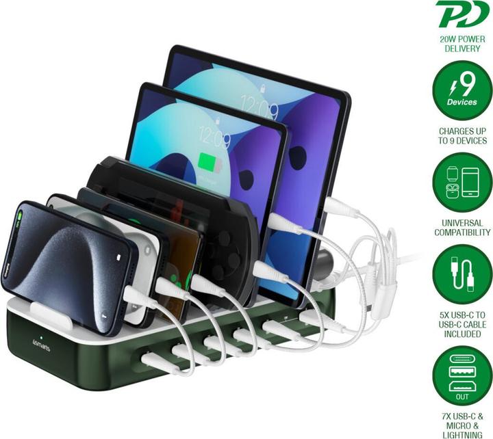 Image du produit 4smarts Ladestation Team 100W 5C/1A inkl. 6 Kabel Grün (100 W)