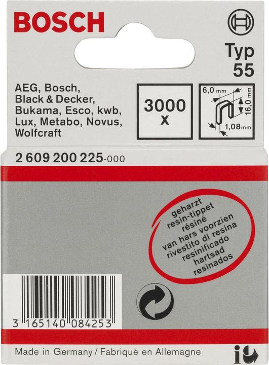Produktbild Bosch Professional Zubehör Schmalrückenklammer Typ 55, geharzt 6 x 1,08 x 16 mm, 3000er-Pack