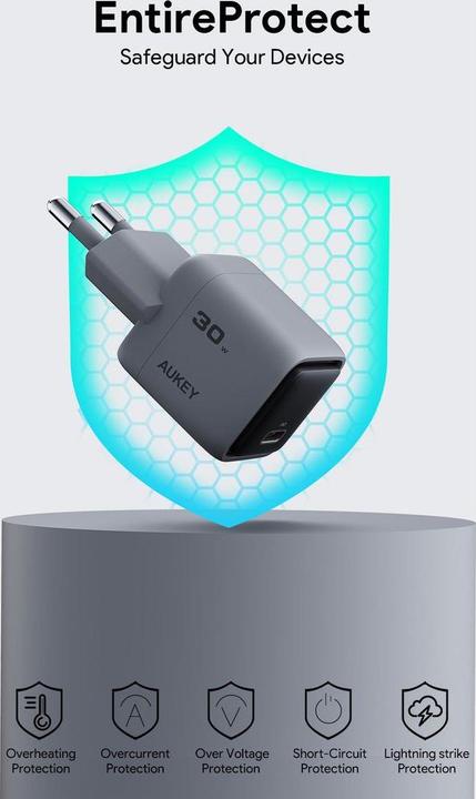 Produktbild Aukey Comet Mini 30W GaN PD PA-C1 1-Port, Wall Charger Grey (30 W, 1 Port)