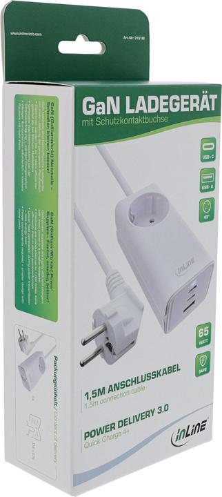 Actual product image InLine USB mains adapter, 65W charger, 2x USB-C + 1x USB-A, with earthing contact socket and 1.5m cable, PD (65 W, 3 ports)