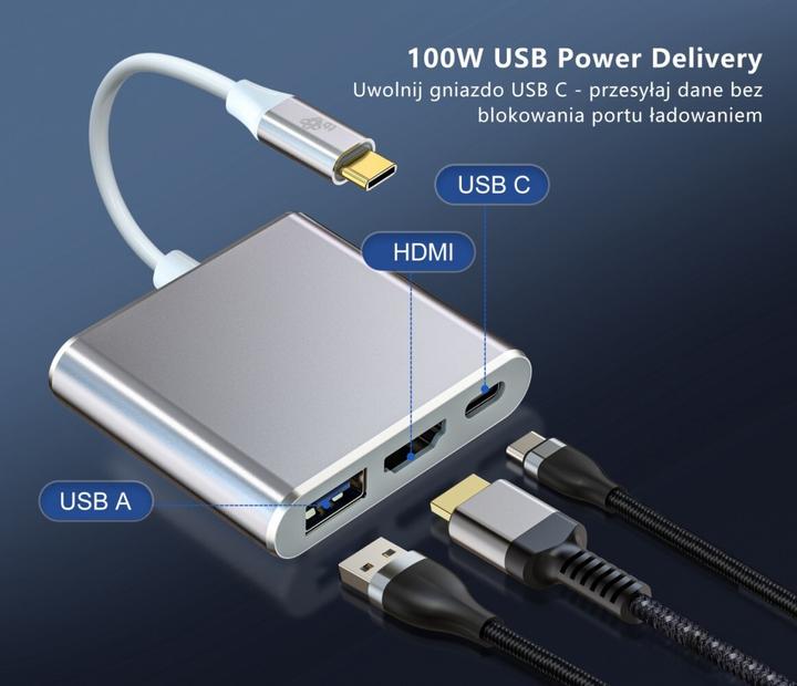 Produktbild Lenovo Adapter HUB USB C 3w1 - HDMI, USB, PD srebrny (USB-C, 3 Ports)