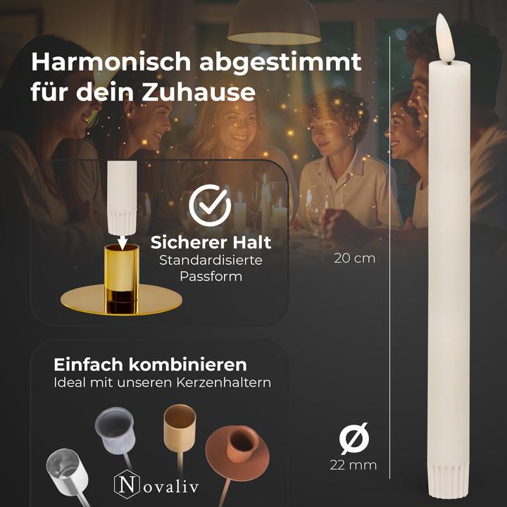 Produktbild Novaliv 4x Stabkerze LED Moving Flame Wax - Echtes Wachs Weiß - Indoor - 20cm Höhe für 2,2cm Durchmesser (4 x)
