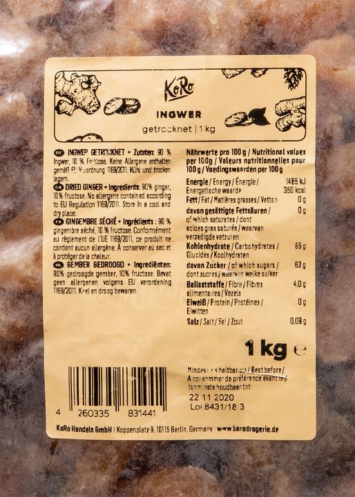Nutritional values and ingredients KoRo Dried ginger pieces, sweetened & unsulphurised (1000 g)