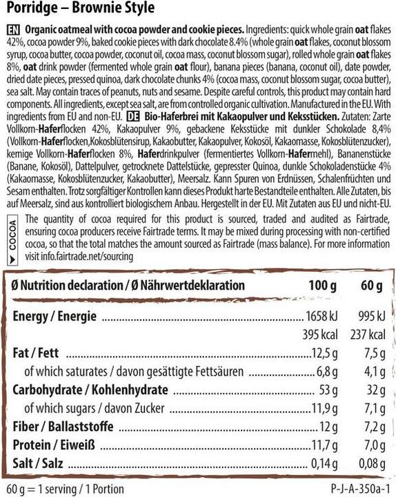 Nährwerte und Zutaten Naturally Pam Bio Porridge Brownie Style (362 g)