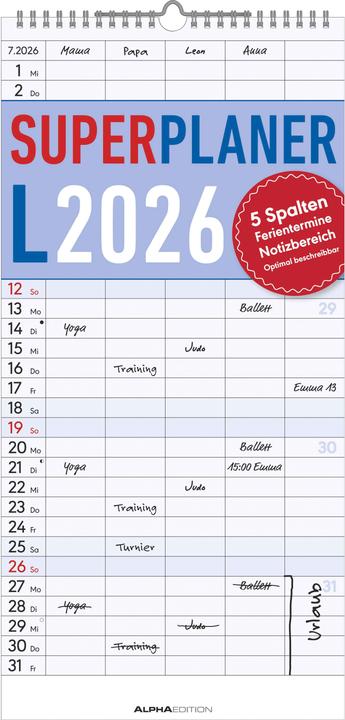 Produktbild SuperplanerL20265Spalten-Familien-Timer22x45cm-Offset-Papier-mitFer (22 x 45 cm)