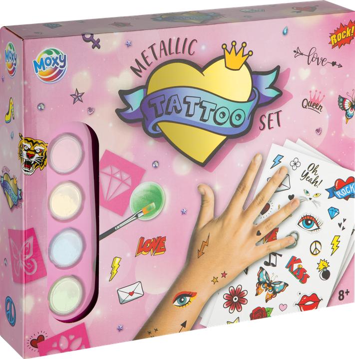 Grafix Metallic Tattoo Set Inkl. Schablonen, Metallic Tattoos, Steine, Kleber, Pinsel