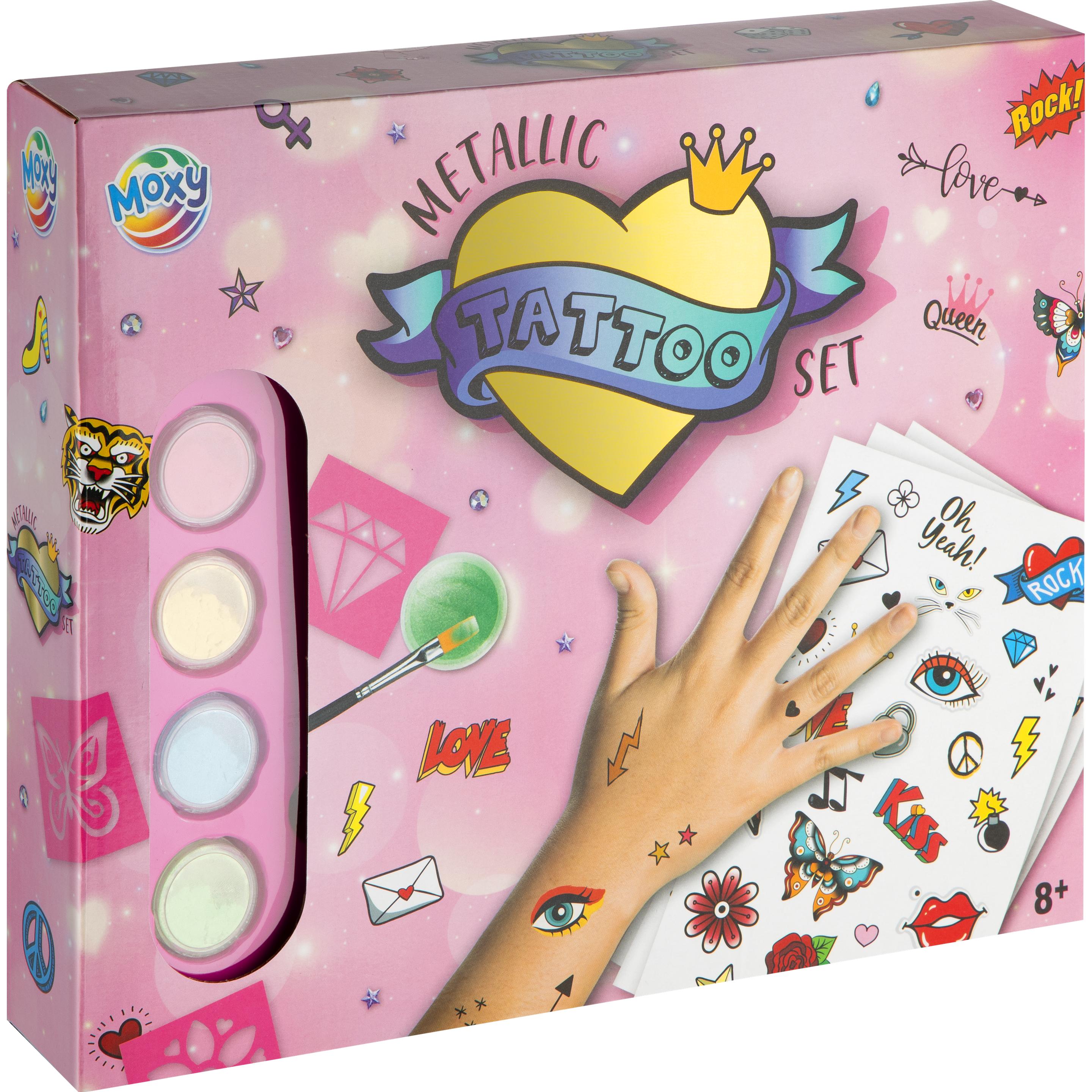 Grafix Metallic Tattoo Set Inkl. Schablonen, Metallic Tattoos, Steine, Kleber, Pinsel