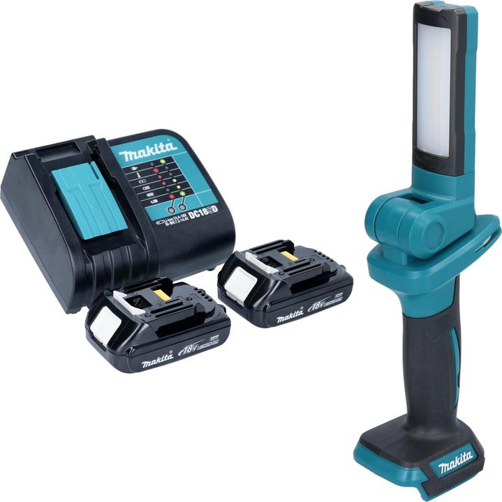 1500 mAh Li-Ion Akku, 1x Makita DC 18 SD Akku Ladegerät, 1x Makita DML 816 Akku LED Arbeitsleuchte, 1x Schultergurt mit Haken, 2x Makita BL 1815 N 18V - 1,5 Ah