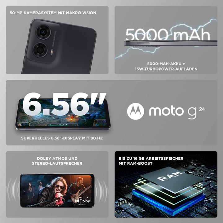 Produktbild Motorola Moto G24 (128 GB, Matte Charcoal, 6.56", Dual SIM, 4G)