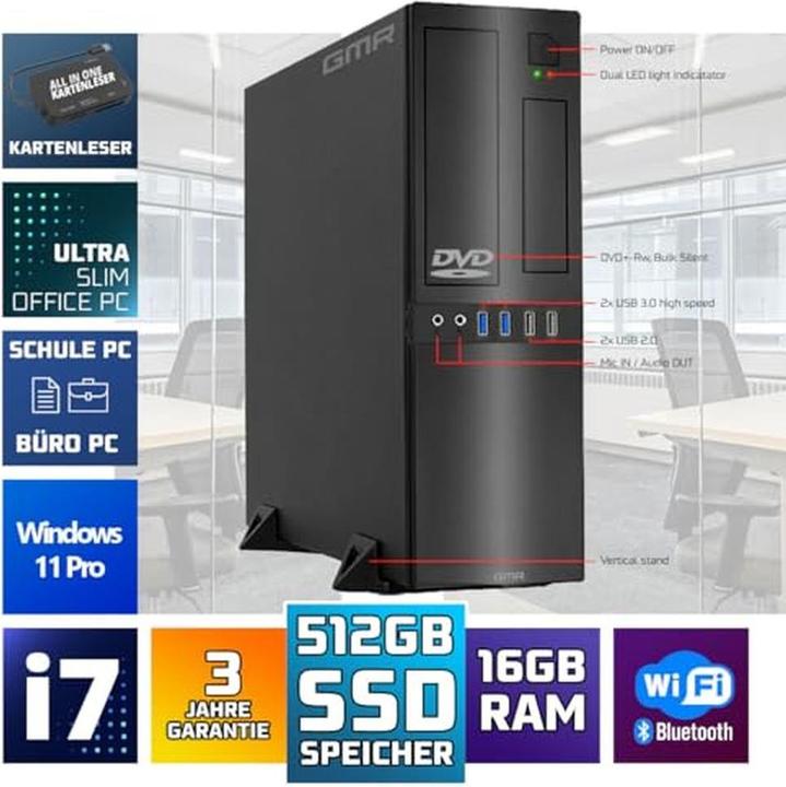 Actual product image GMR Ultra Slim i7 Office PC with 16GB RAM, 512GB SSD, DVD±RW, USB 3, Windows 11 Pro, WiFi Bluetooth (16 GB, 512 GB)