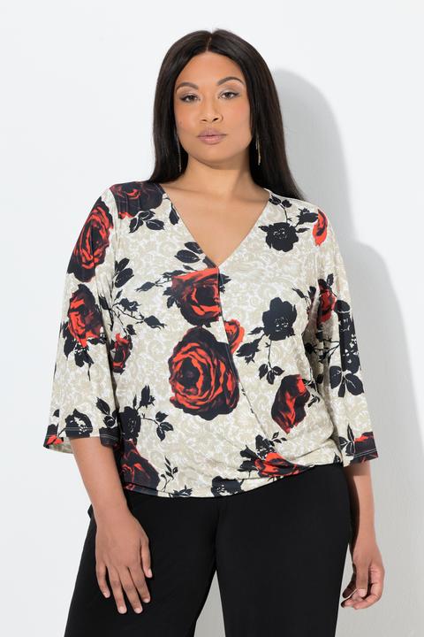 Actual product image Ulla Popken Shirt, Rosen, Wickeloptik, V-Ausschnitt, 3/4-Glockenärmel (42, 44)