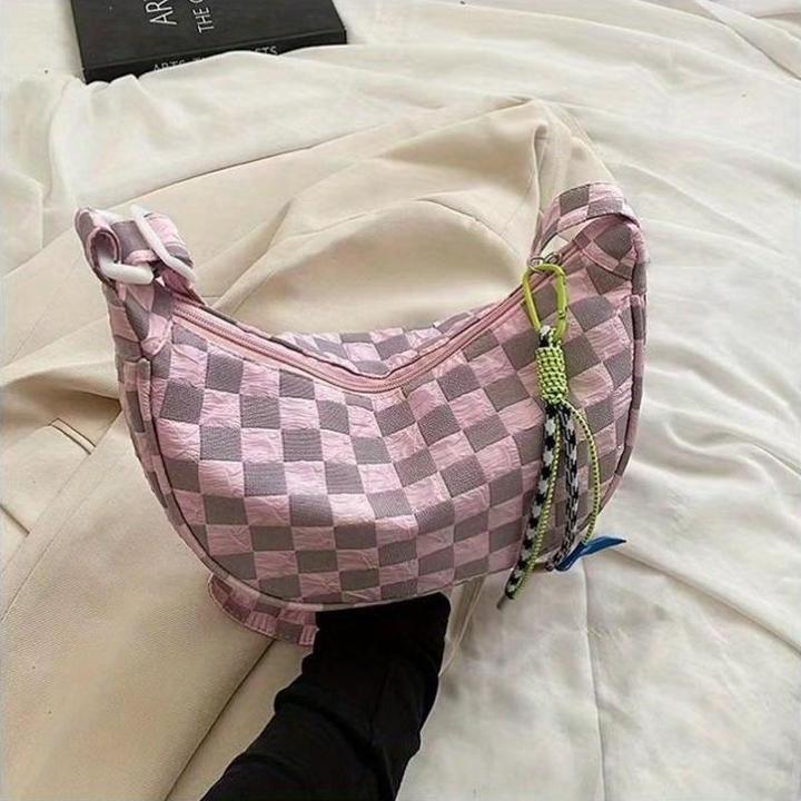 Actual product image Only-Bags.Store Chic plaid canvas crossbody bag - large capacity dumpling style with nylon lining & zip fastening
