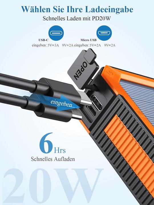 Produktbild Paidashu Solar Powerbank 20.000 mAh, wasserdicht, USB C Ladegerät (20000 mAh)