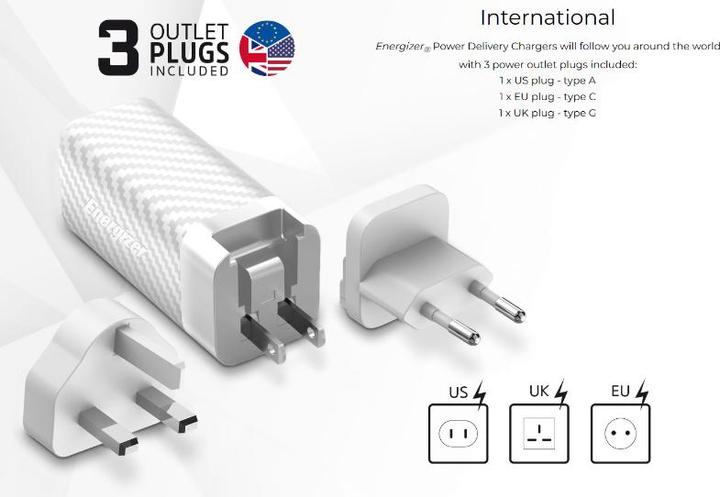 Produktbild Energizer Power-Delivery Ladegerät – 65 W – EU/UK/US inkl. USB-C zu USB-C Kabel (65 W)